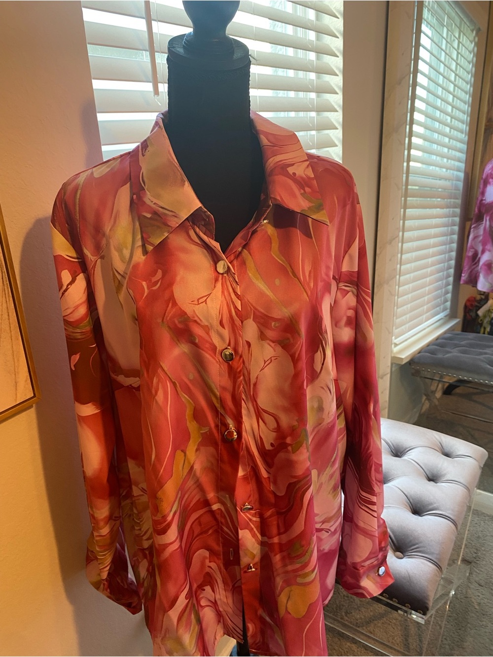 SHEIN Pink Marble Button-Down Blouse